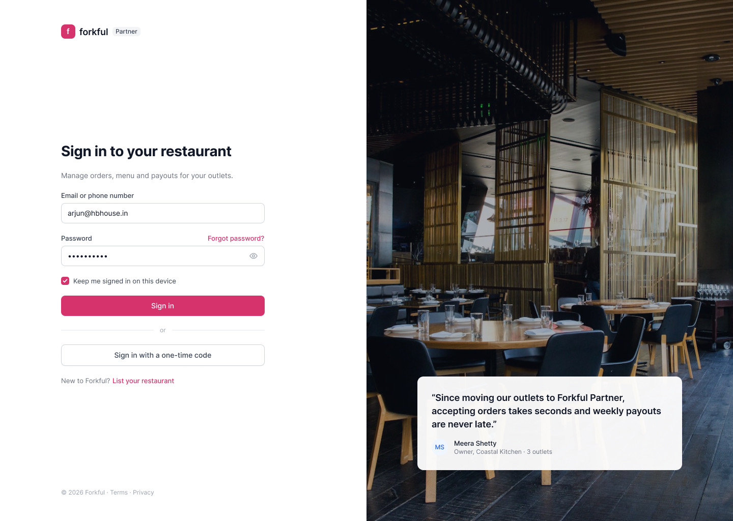 Forkful Partner: Sign in