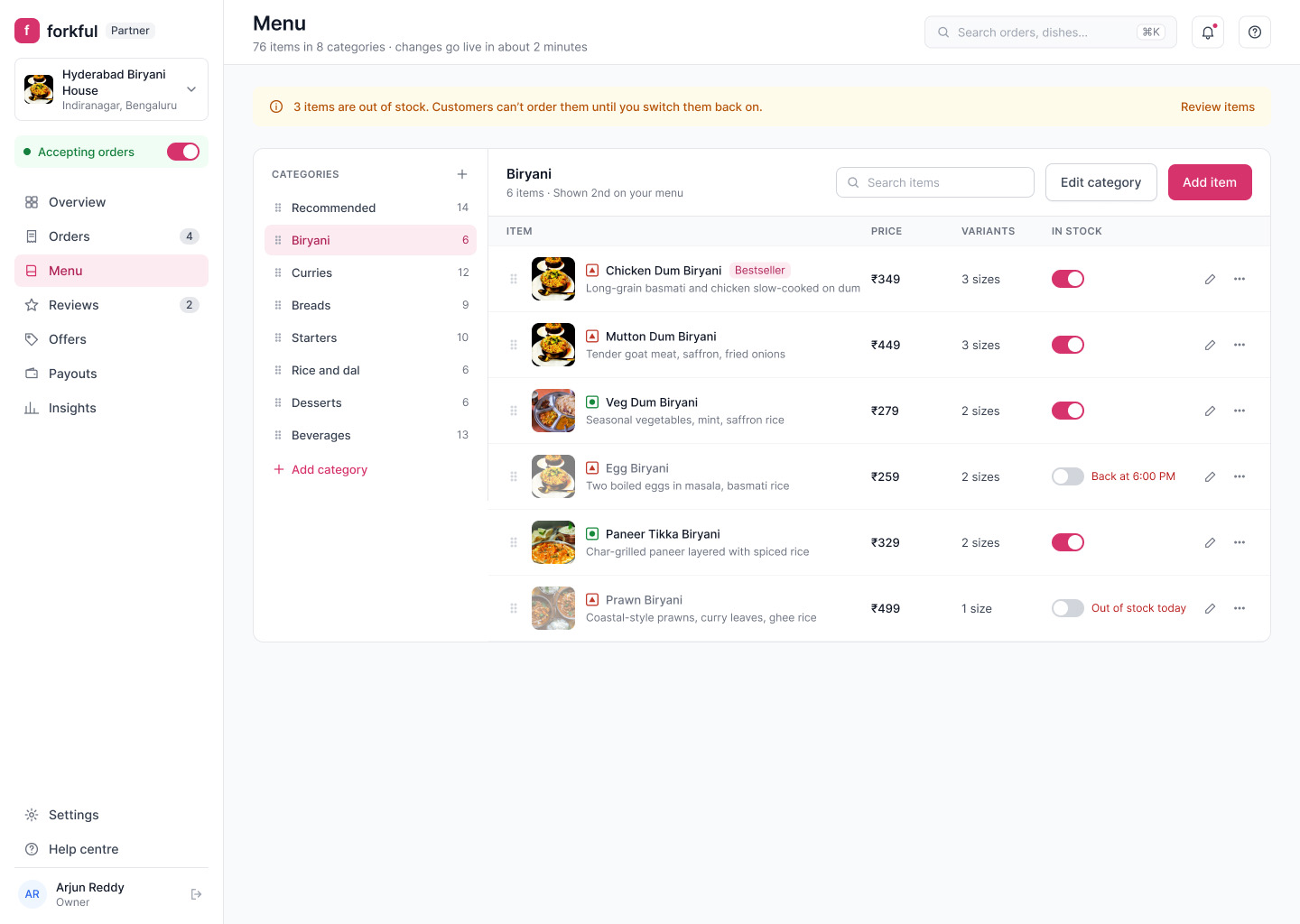 Forkful Partner: Menu