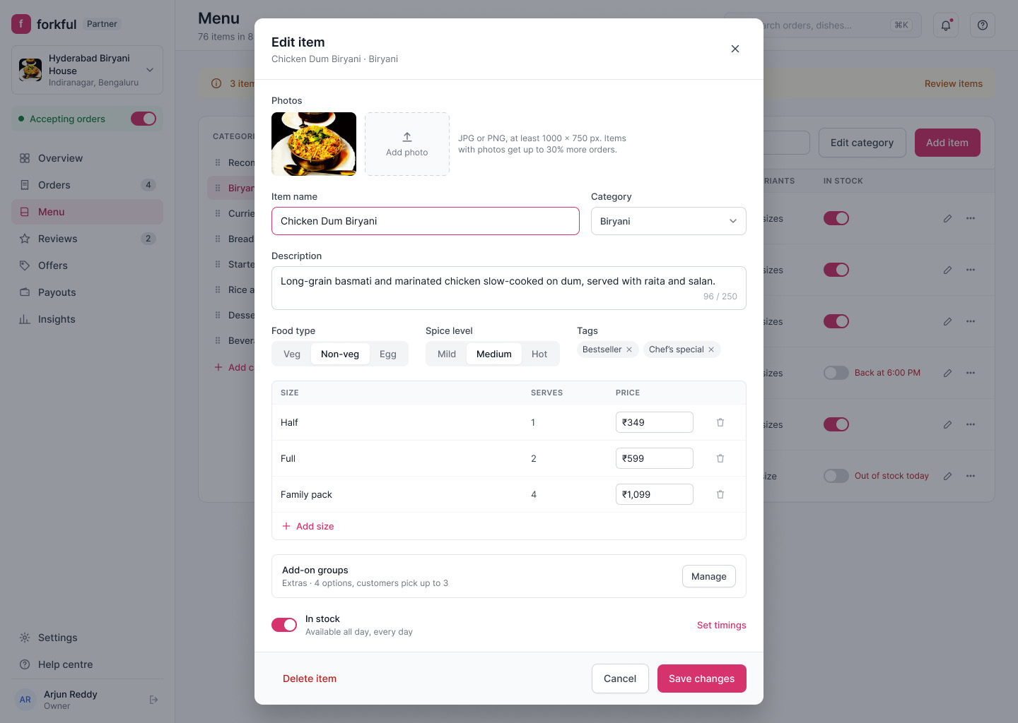 Forkful Partner: Edit item