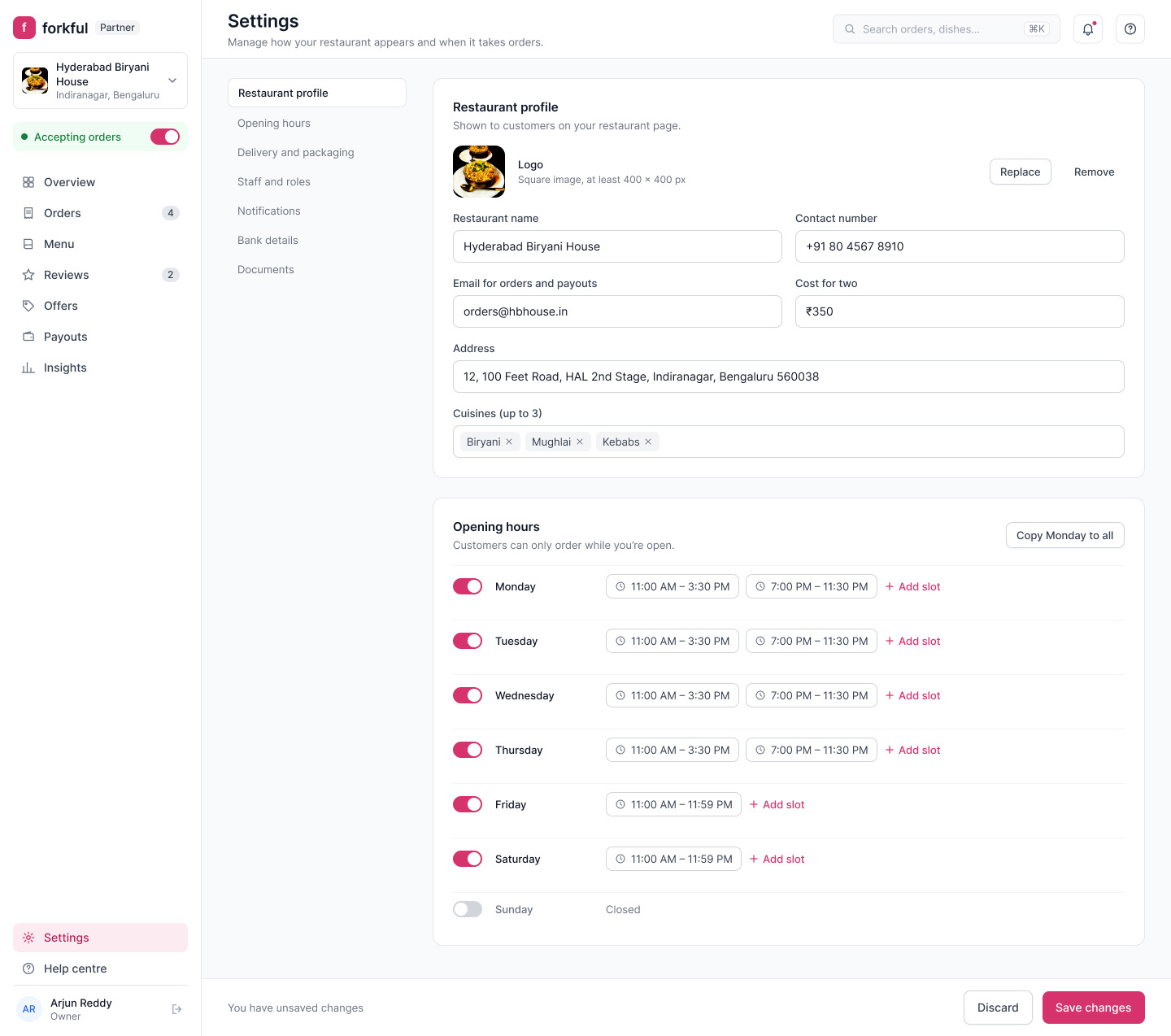 Forkful Partner: Settings