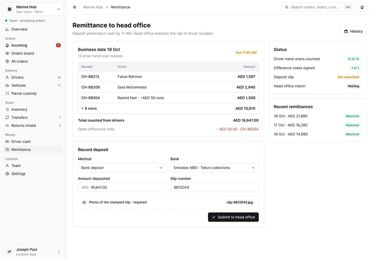 Tekvo: Remit to head office