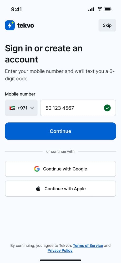 Tekvo Customer app: 04b · Login · Number entered