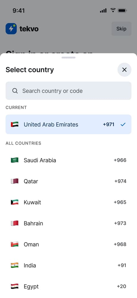 Tekvo Customer app: 05 · Country picker