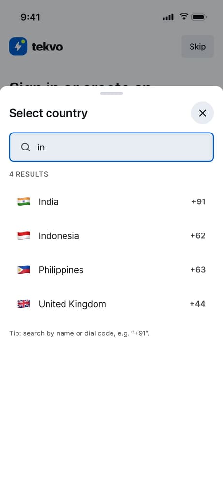 Tekvo Customer app: 05b · Country picker · Search