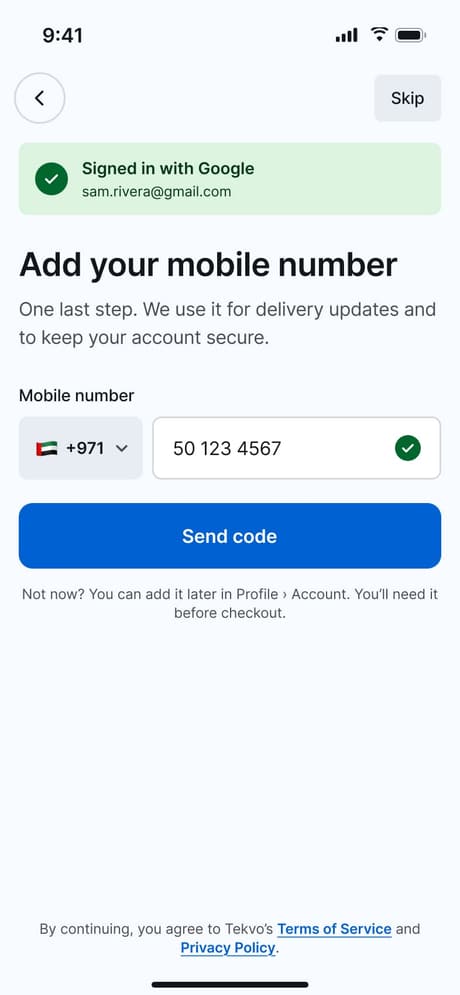 Tekvo Customer app: 06 · Verify mobile · Social