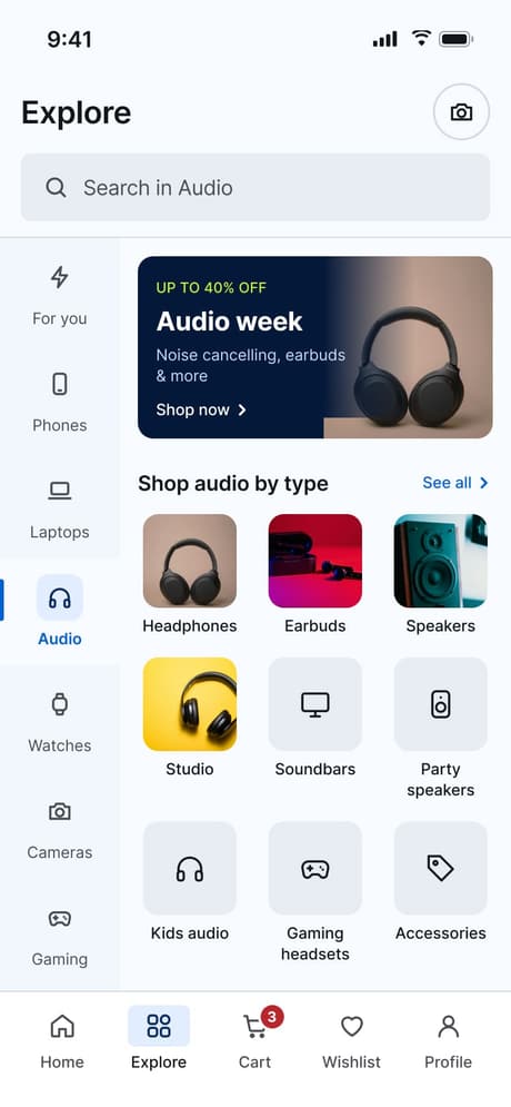 Tekvo Customer app: 10 · Explore · Audio