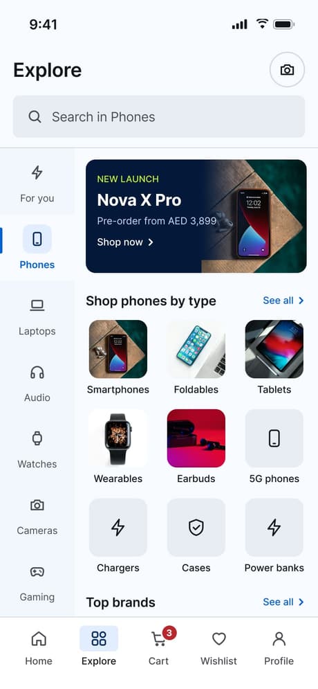 Tekvo Customer app: 10 · Explore · Phones