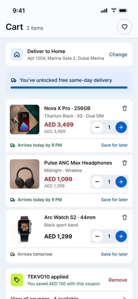 Tekvo Customer app: 11 · Cart