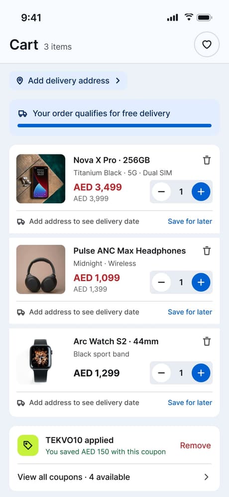 Tekvo Customer app: 11c · Cart · No address