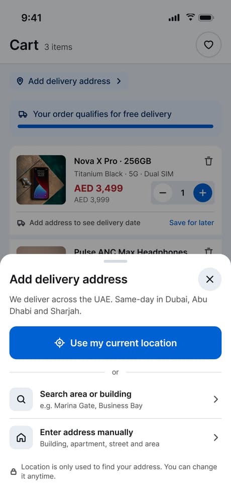 Tekvo Customer app: 11d · Add address sheet