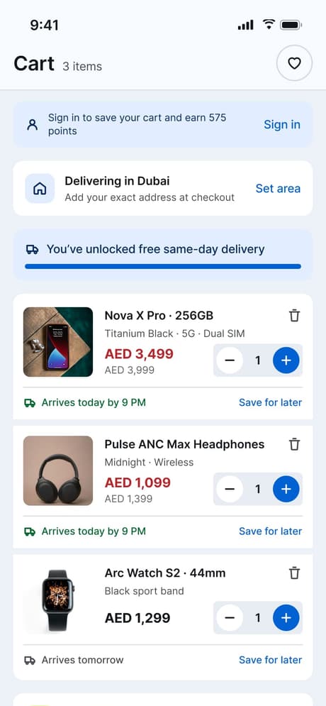 Tekvo Customer app: 11e · Cart · Guest