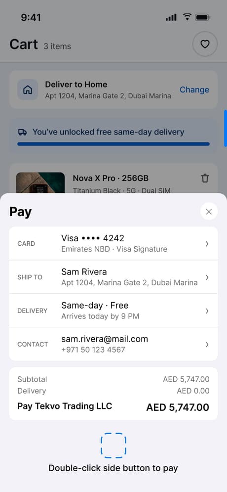 Tekvo Customer app: 11f · Cart · Apple Pay