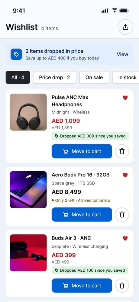 Tekvo Customer app: 12 · Wishlist