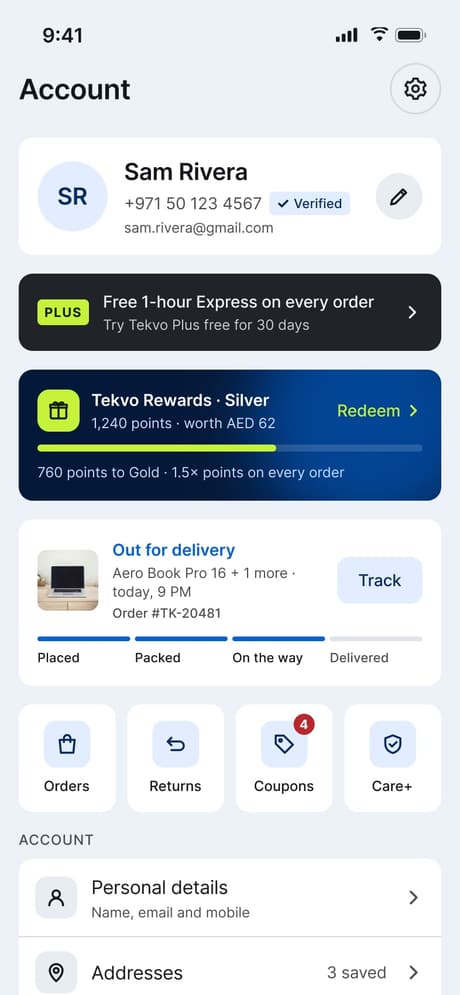 Tekvo Customer app: 13 · Account