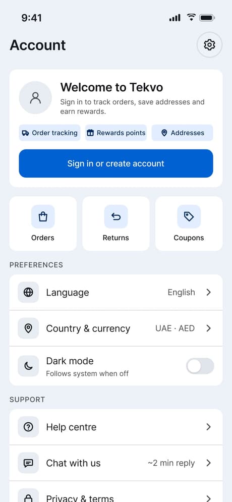 Tekvo Customer app: 13b · Account · Guest