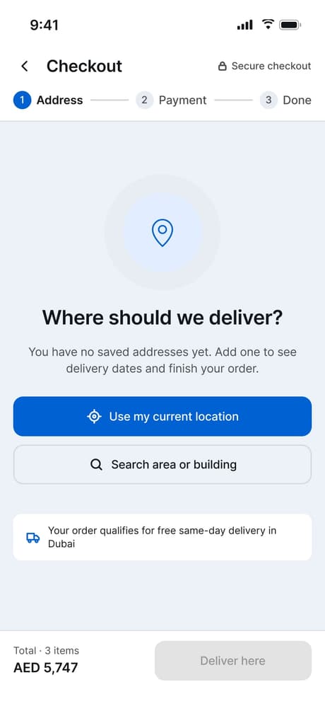 Tekvo Customer app: 17b · Checkout · No address
