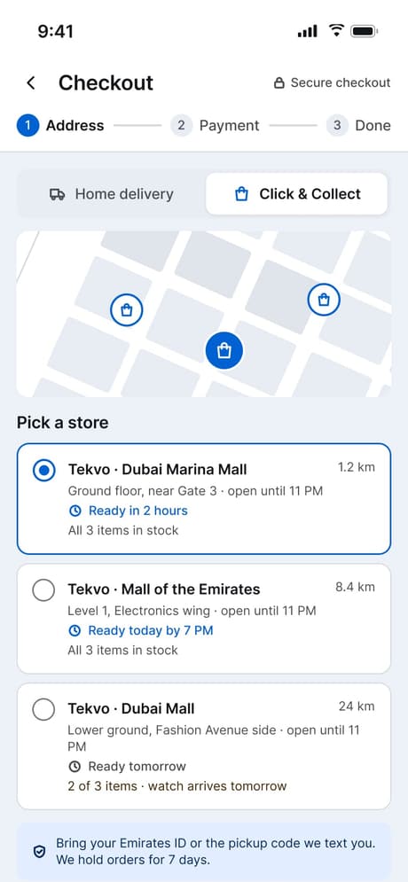 Tekvo Customer app: 17d · Checkout · Click & Collect