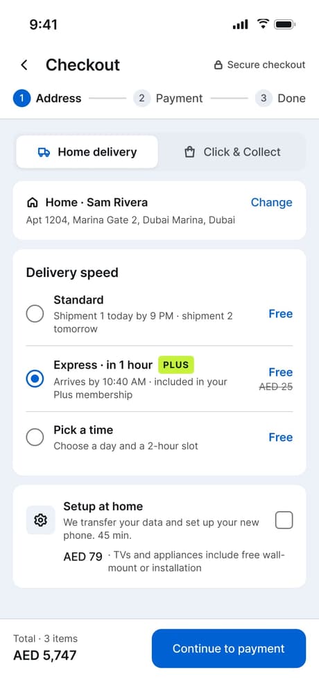 Tekvo Customer app: 17e · Checkout · Delivery · Plus member