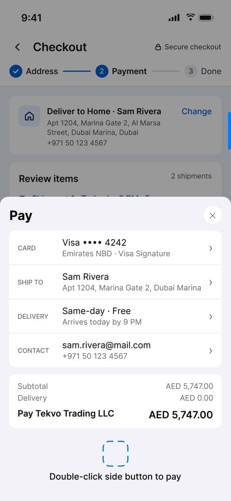 Tekvo Customer app: 19c · Apple Pay sheet