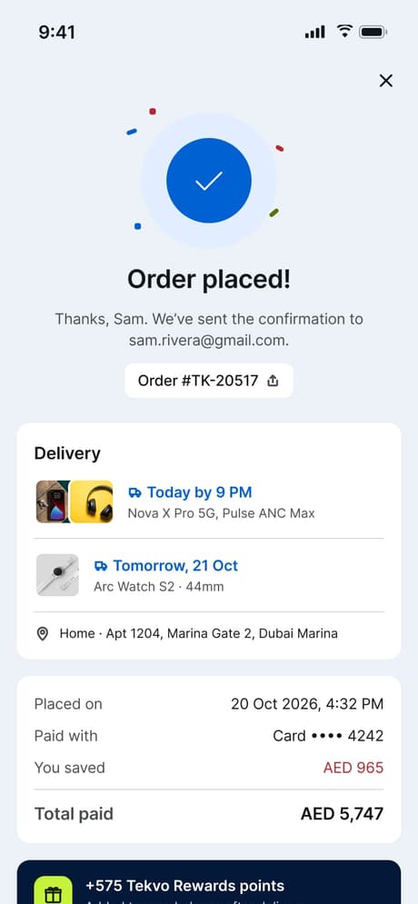 Tekvo Customer app: 20 · Order placed