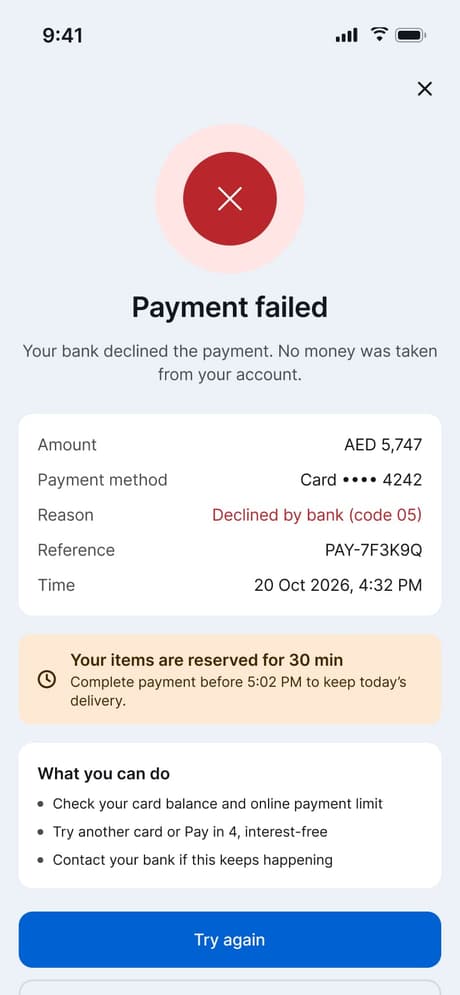 Tekvo Customer app: 20b · Payment failed