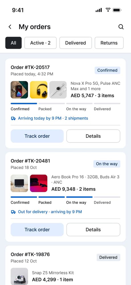 Tekvo Customer app: 21 · My orders