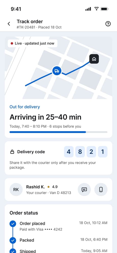 Tekvo Customer app: 22 · Track order
