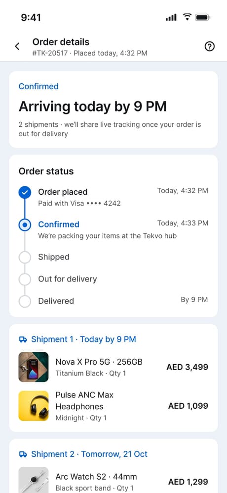 Tekvo Customer app: 22b · Order details