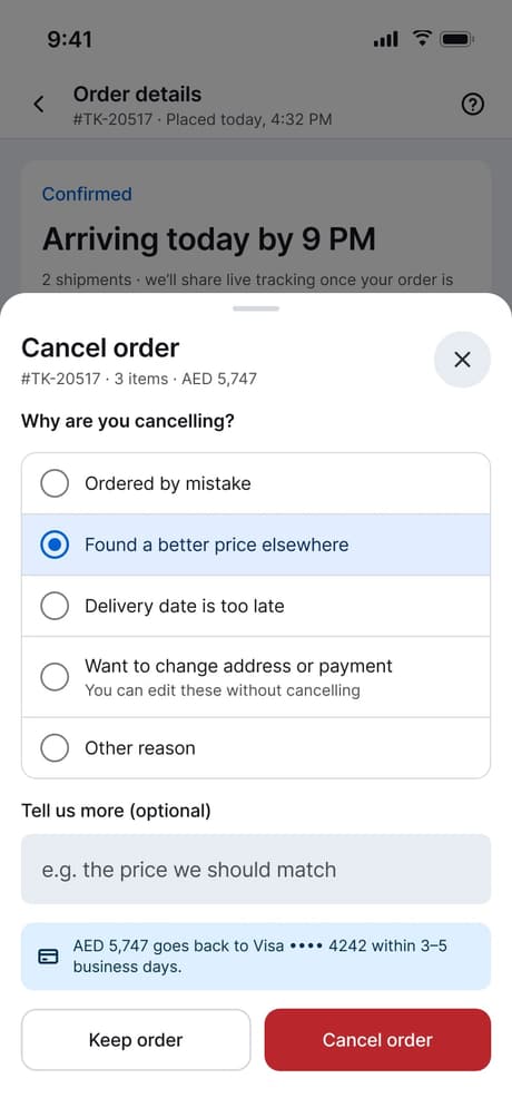 Tekvo Customer app: 23 · Cancel order · Reason