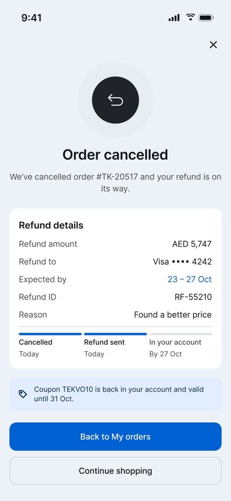 Tekvo Customer app: 23b · Order cancelled