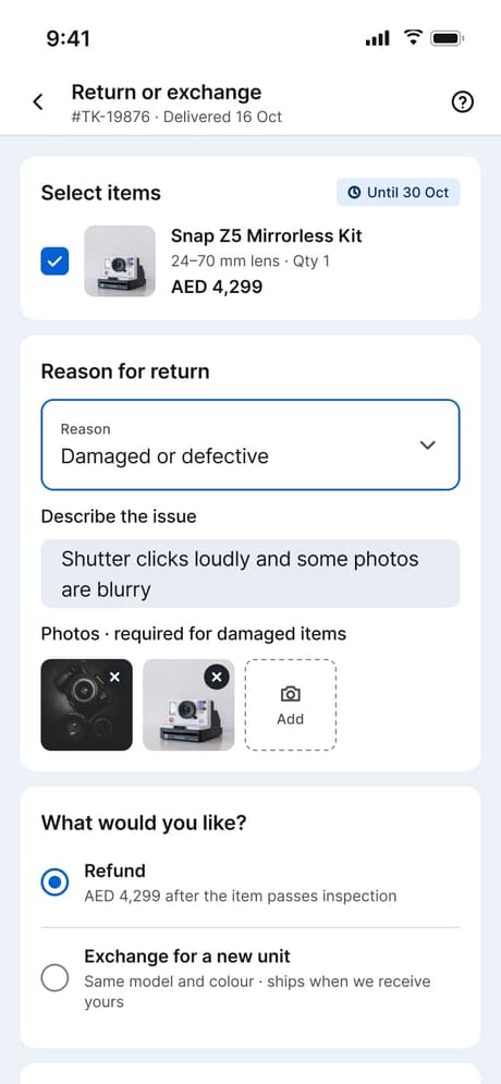 Tekvo Customer app: 24 · Return request