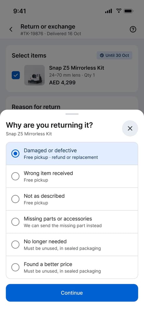 Tekvo Customer app: 24b · Return reason sheet