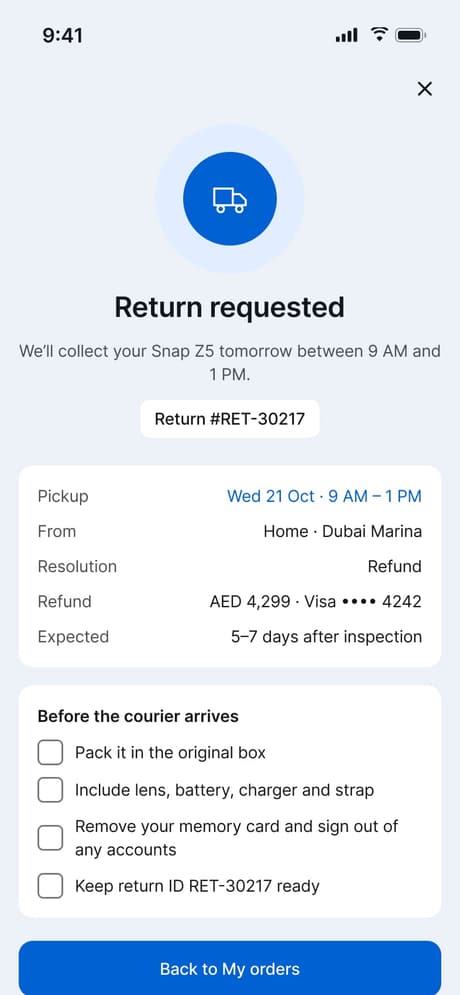 Tekvo Customer app: 24c · Return requested
