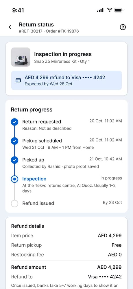 Tekvo Customer app: 24d · Return status