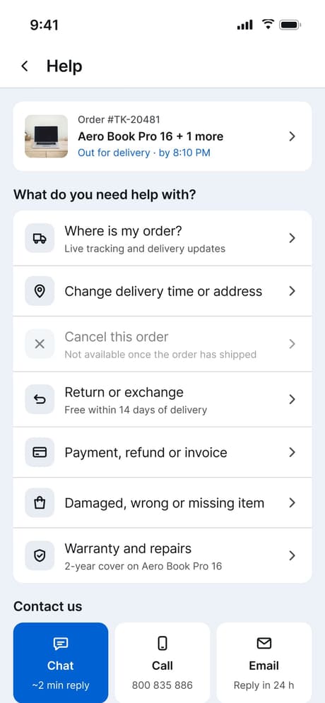 Tekvo Customer app: 25 · Order help