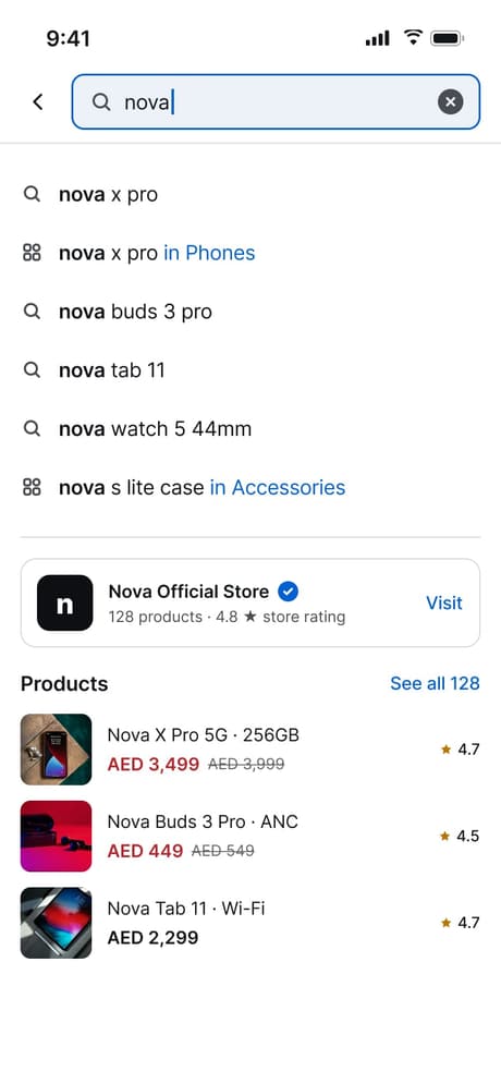 Tekvo Customer app: 26b · Search · Suggestions