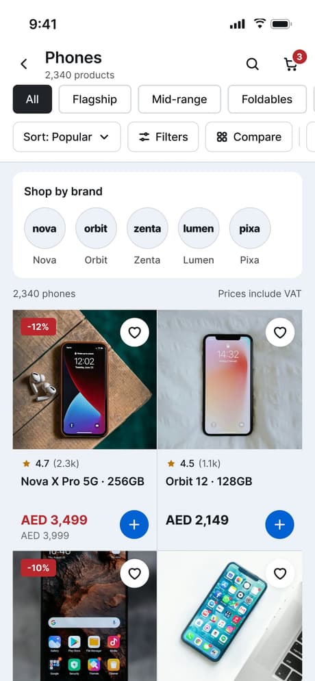 Tekvo Customer app: 28 · Product list · Phones