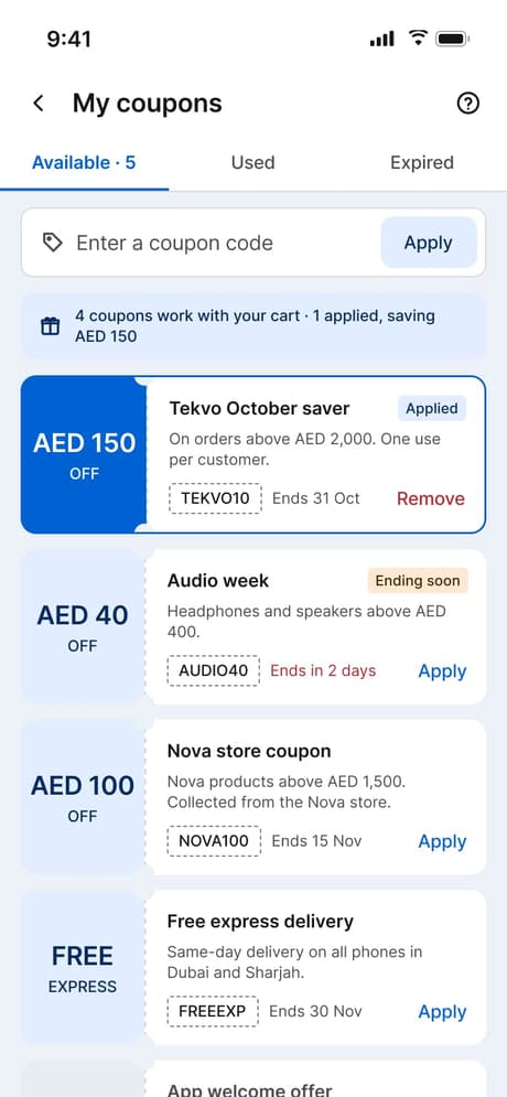 Tekvo Customer app: 30 · Coupons
