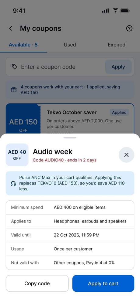 Tekvo Customer app: 30b · Coupon details