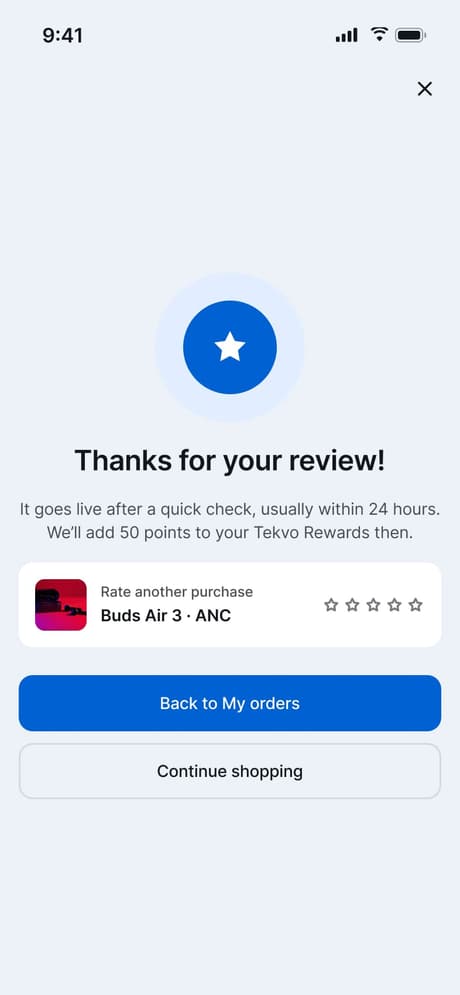 Tekvo Customer app: 31c · Review submitted