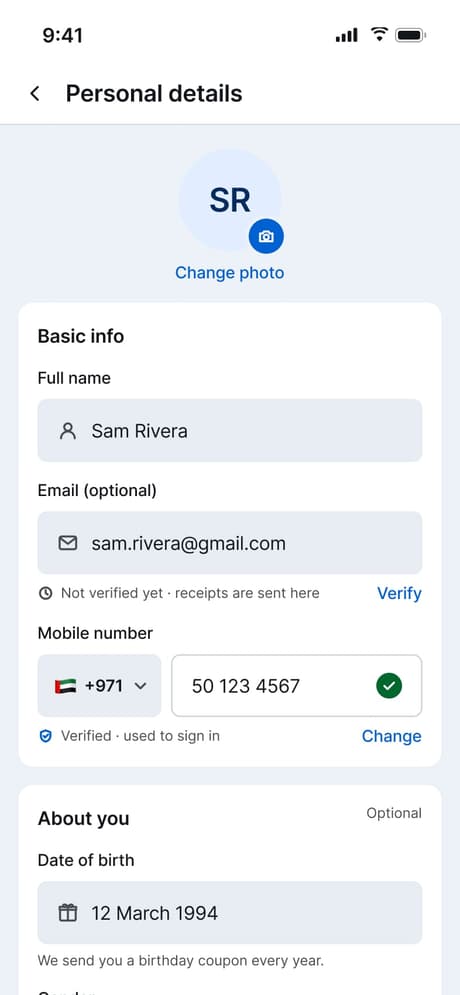 Tekvo Customer app: 32 · Personal details