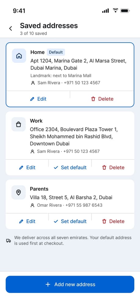 Tekvo Customer app: 33 · Saved addresses