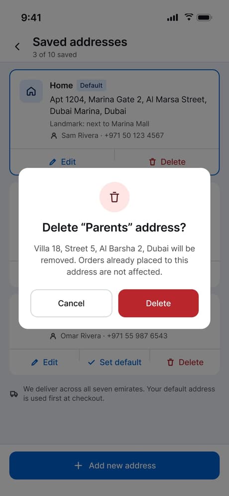 Tekvo Customer app: 33b · Delete address