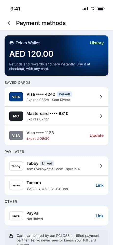 Tekvo Customer app: 34 · Payment methods