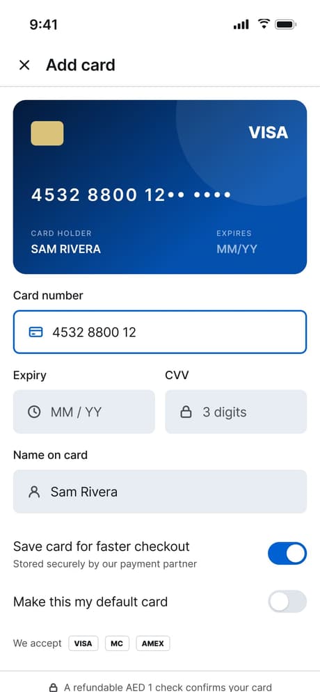 Tekvo Customer app: 34b · Add card