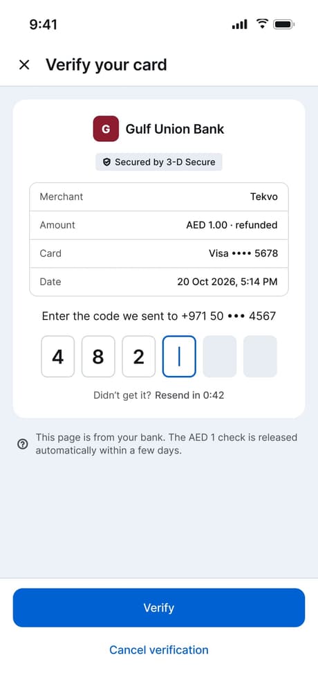 Tekvo Customer app: 34c · Card verification