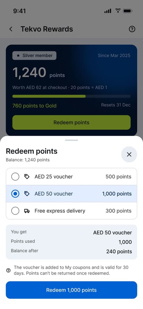 Tekvo Customer app: 35b · Redeem points