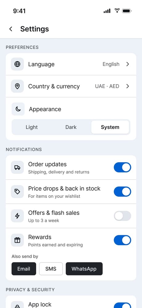 Tekvo Customer app: 36 · Settings