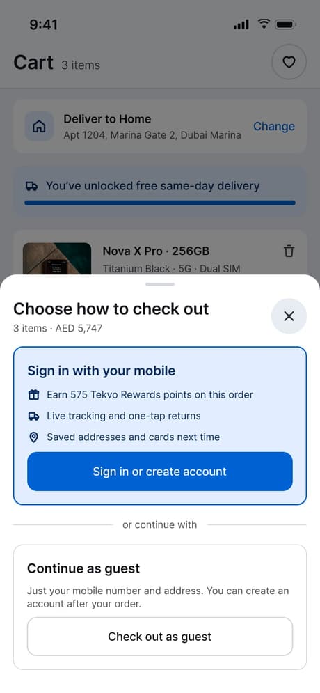 Tekvo Customer app: 38 · Checkout · Sign in or guest
