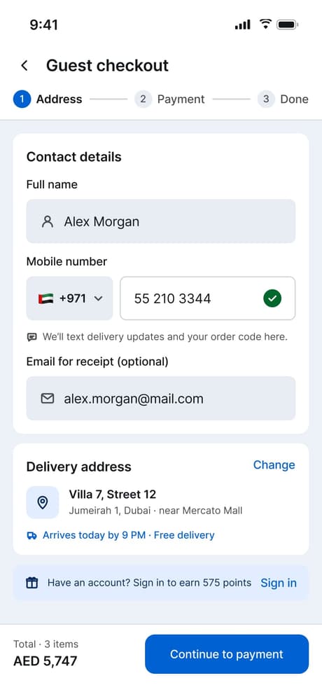 Tekvo Customer app: 38b · Guest details